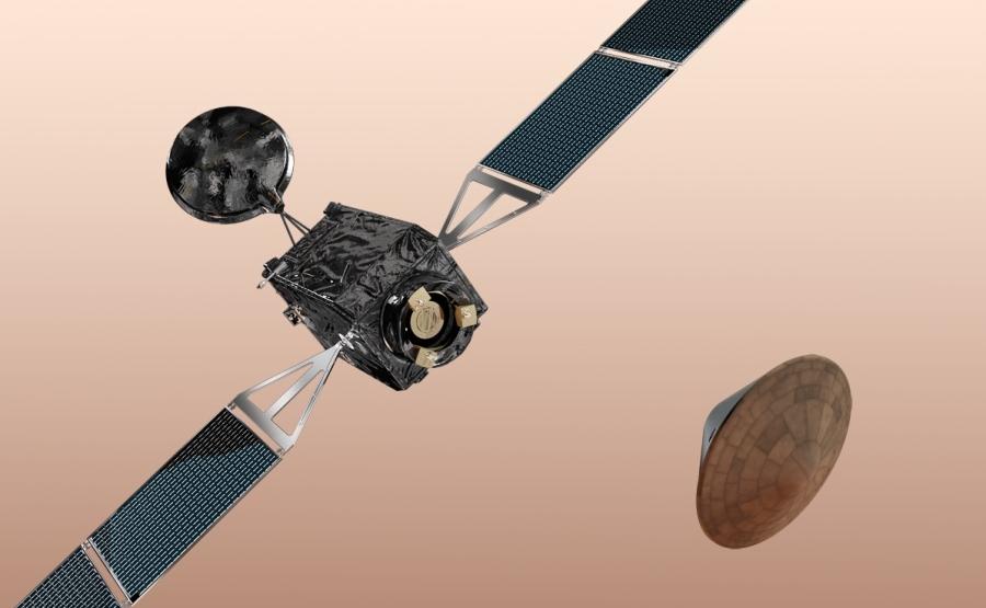 Exomars 2016. L'orbiteur TGO (à gauce) et l'atterrisseur EDM. (à droite). Crédits Thales Digital Communications.