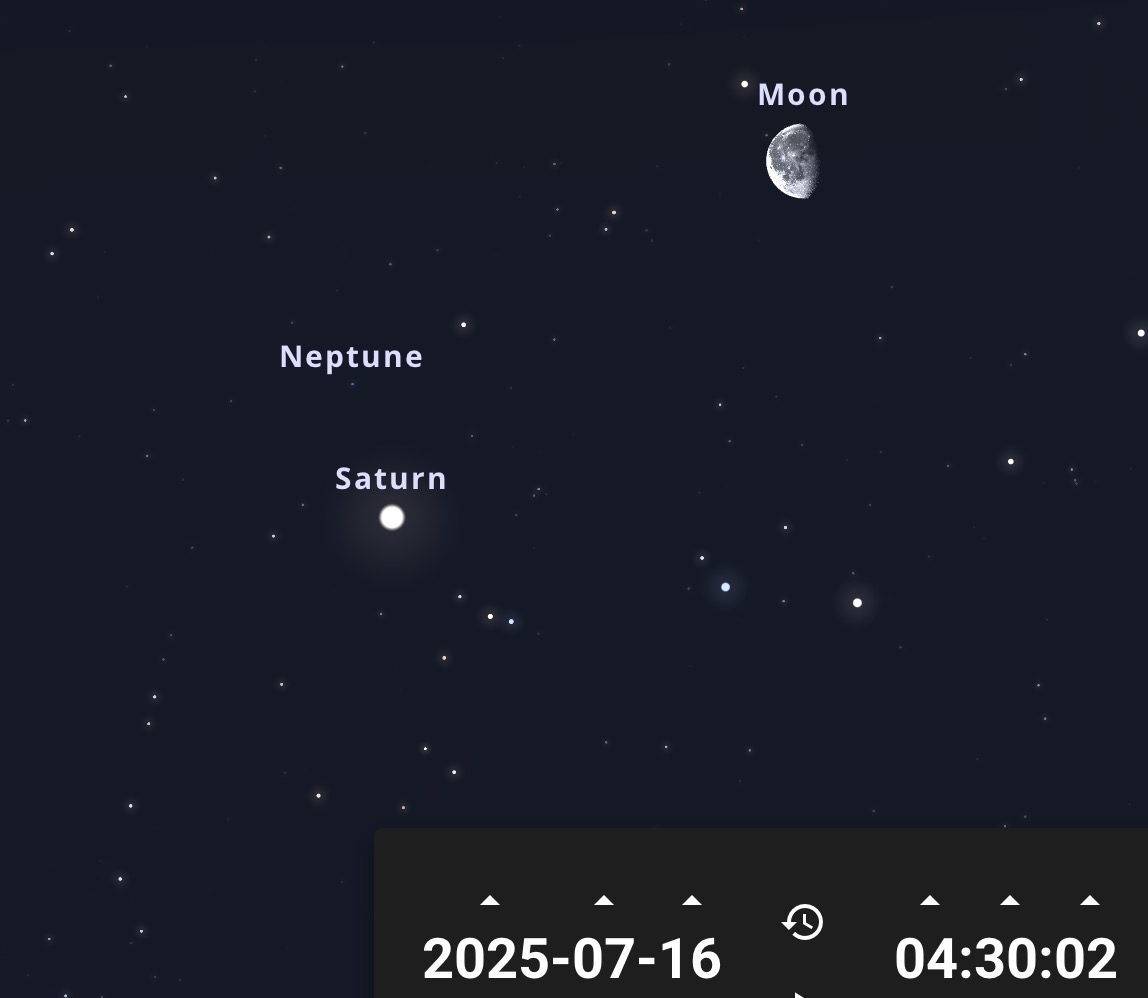 Le petit point de Neptune peut être vu avec un instrument pointé vers Saturne à l'aube du 16/07.