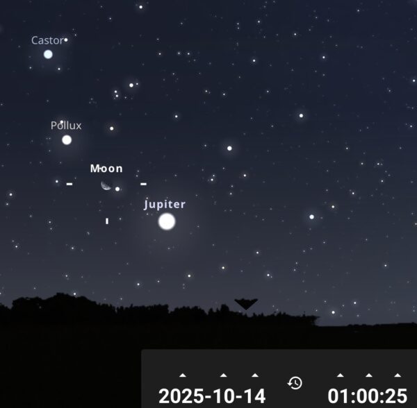 La Lune, avec 47% de sa surface illuminée, sera entre Jupiter et Pollux, des Gémeaux entre le 13 et le 14 octobre