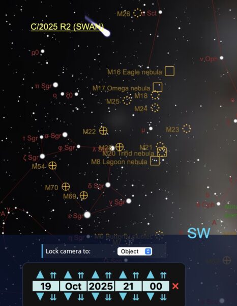 Le 19 à 21h, la comète sera à 24° de hauteur, mais perdra peu à peu sa magnitude apparente car elle s'éloignera de la Terre.