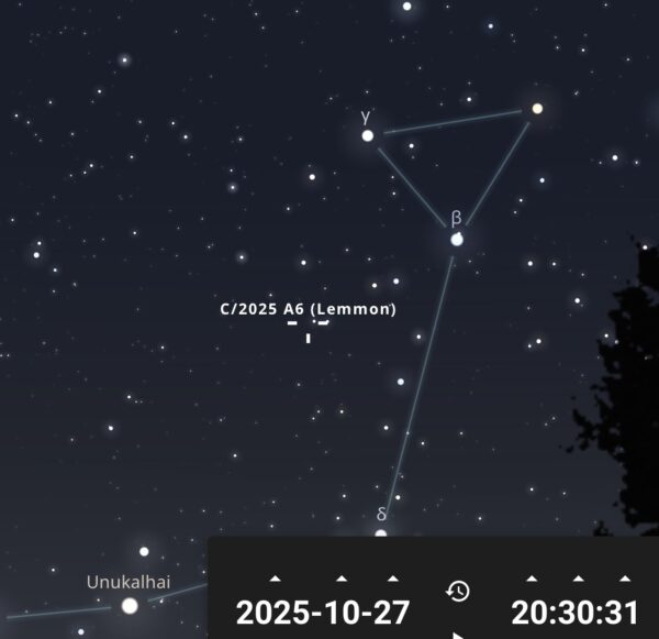 Près de la Tête du Serpent, dans la constellation d'Ophiuchus (ou Serpentaire), voici la position de la comète C/2025 A6 Lemon. Elle aura 10° de hauteur au-dessus de l'horizon ouest-nord-ouest.