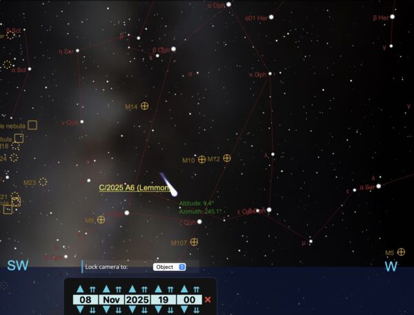 Comète C/2025 A6 Lemmon Dans la constellation d'Ophiuchus, la comète peut être visible à l'oeil nu sous un ciel loin de toute pollution lumineuse.