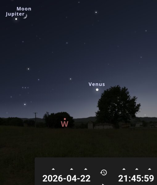 Le 22 avril au soir, presqu’une heure après le coucher du Soleil, les Gémeaux sont encore loin de l’horizon ouest-sud-ouest et ont la visite de la Lune et Jupiter.