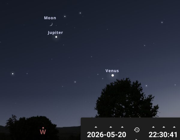 Le 20 mai au crépuscule, les Gémeaux se dressent au-dessus de l’horizon ouest-nord-ouest et Jupiter se trouve juste en-dessous du croissant lunaire.