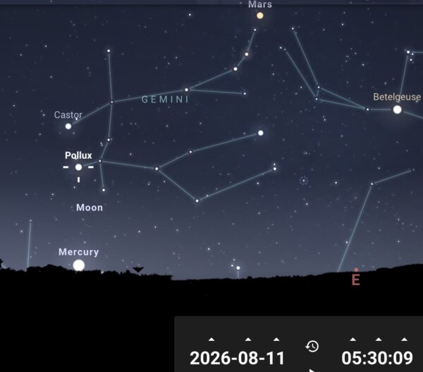 A 5° d’altitude au-dessus de l’horizon est-nord-est, la Lune rend visite à Pollux, des Gémeaux. 