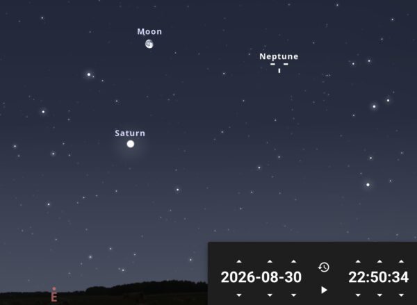 A 22h50, Saturne aura 8% de hauteur mais son éclat ne sera pas si apparent à cause de la forte illumination de la Lune.